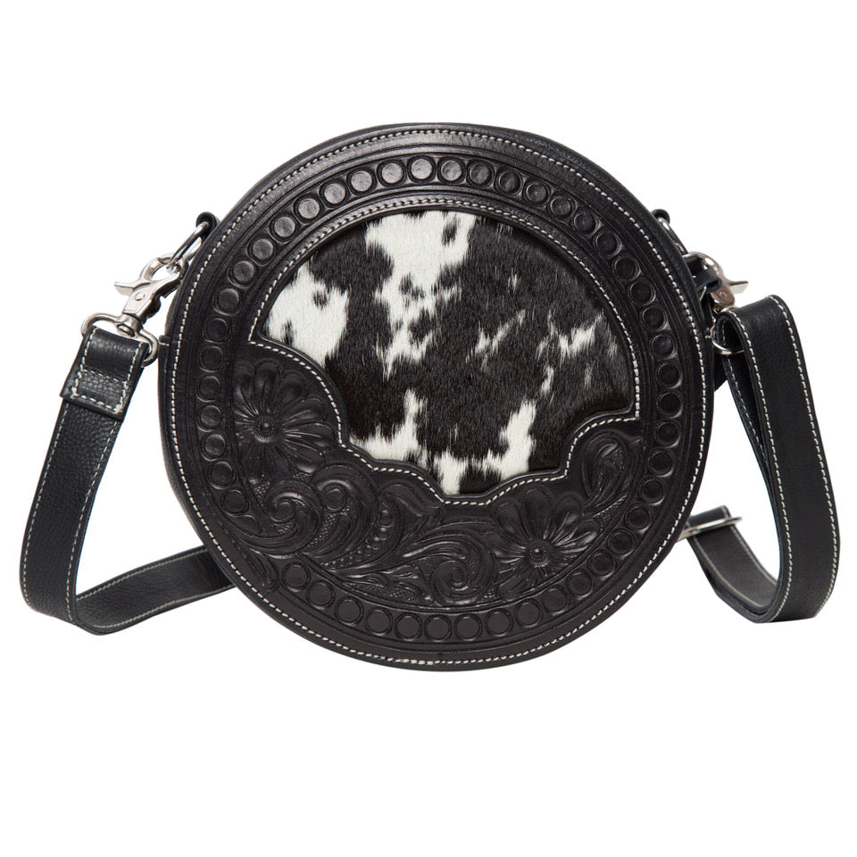 Round Tooled Leather & Cowhide Handbag