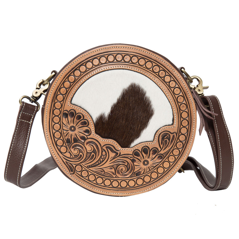 Round Tooled Leather & Cowhide Handbag