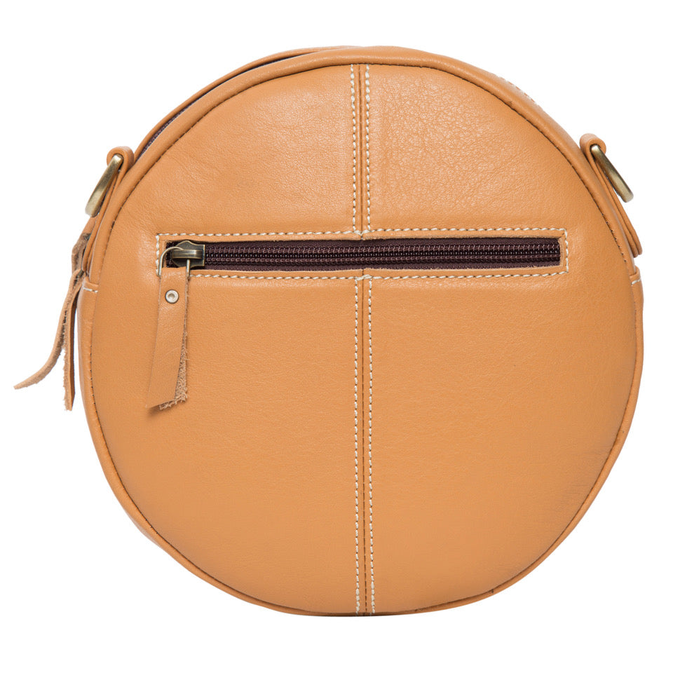 Round Tooled Leather & Cowhide Handbag