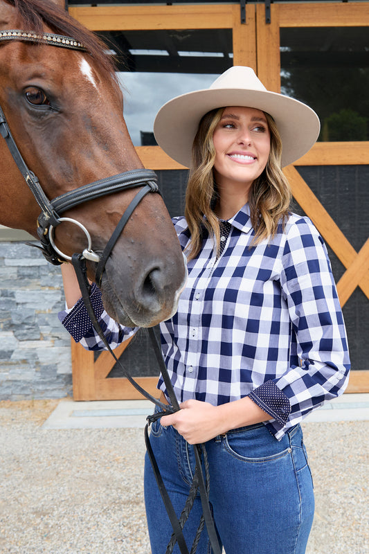 Women's "Scarlet" Shirt - Navy/White Check Long Sleeve