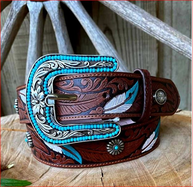 Pure Western Lily Feather Turquoise Leather Belt